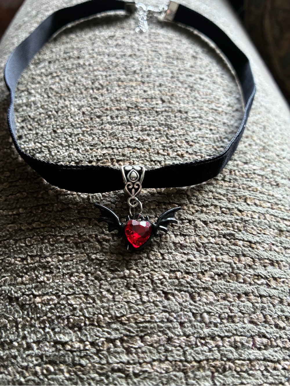 Black Velvet Choker with Red Heart Wing Pendant gothic necklace Halloween